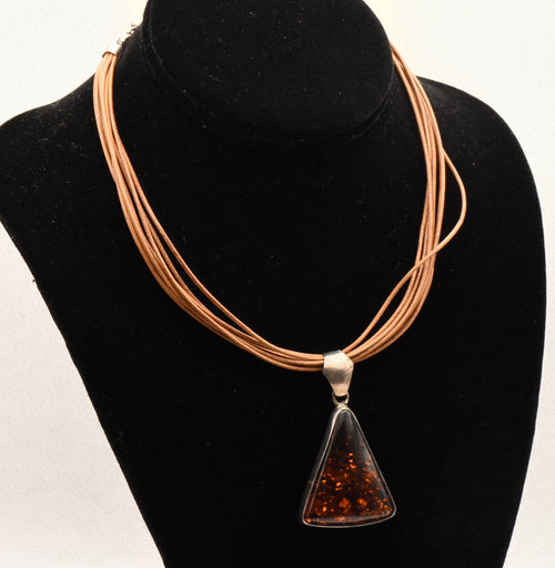 Vintage Triangular Amber Pendant on Multi Cord Necklace - 16"