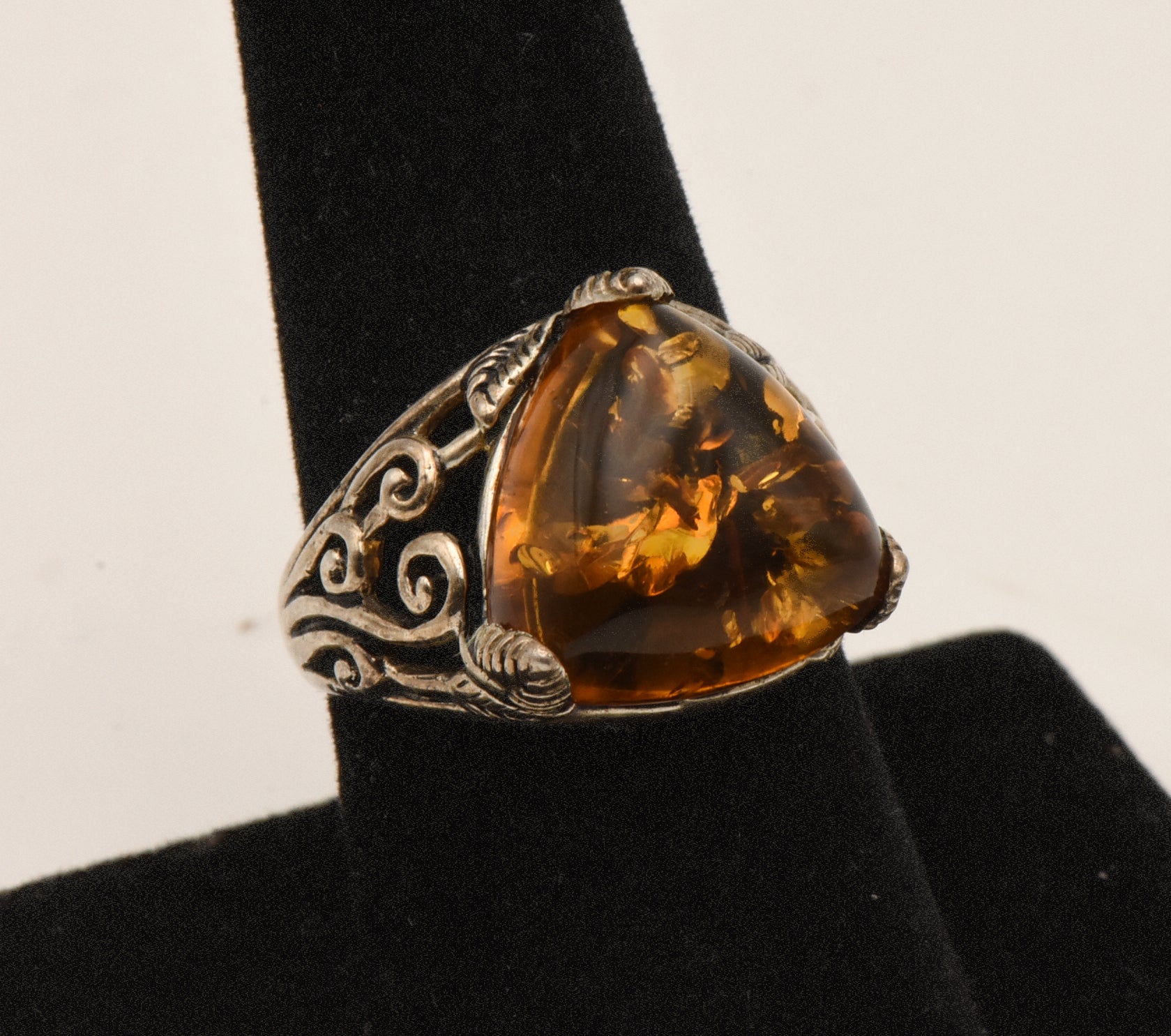 Vintage Sterling Silver Ring with Fossilized Resin Triangle Cabochon - Size 8