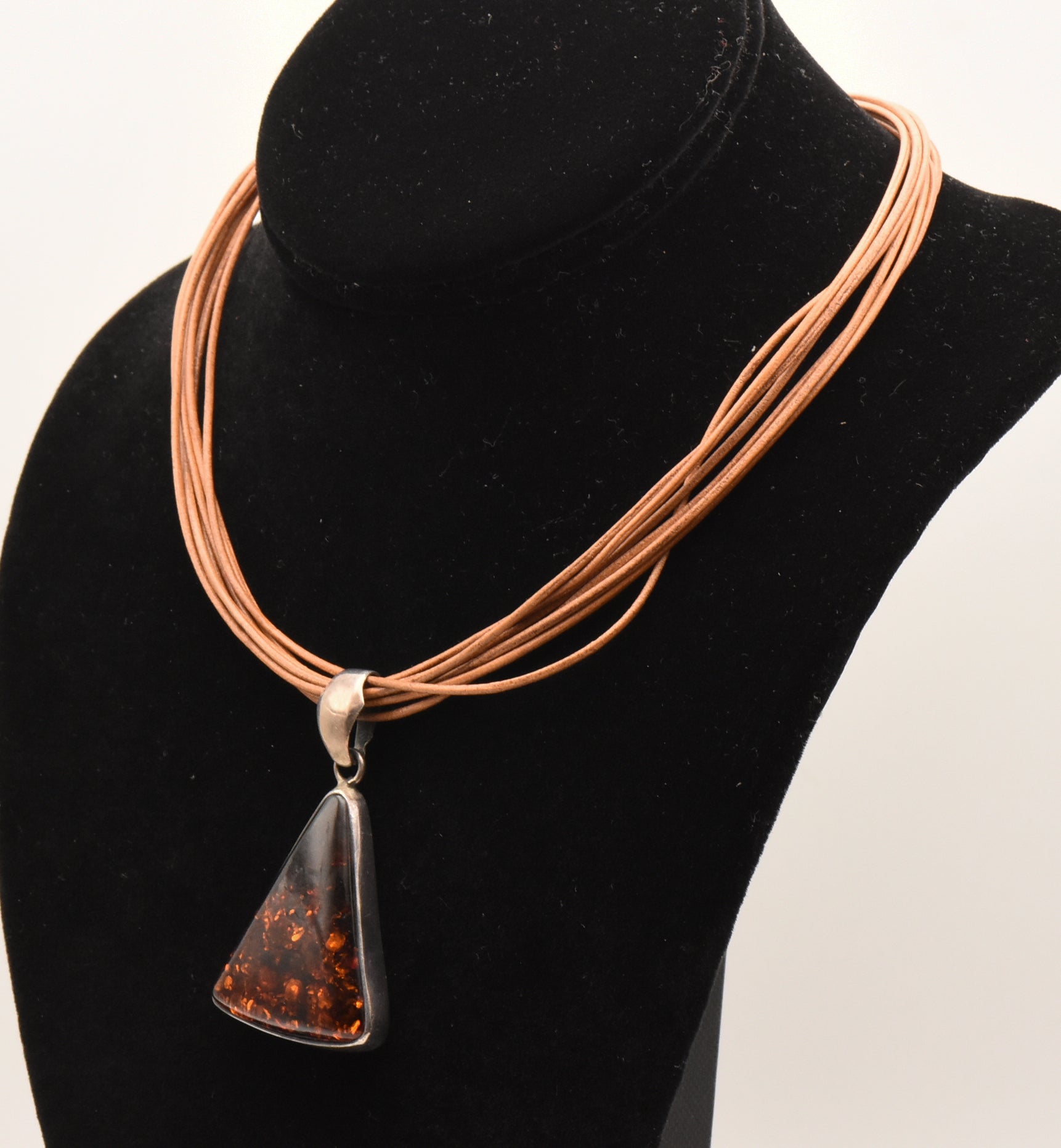Vintage Triangular Amber Pendant on Multi Cord Necklace - 16"