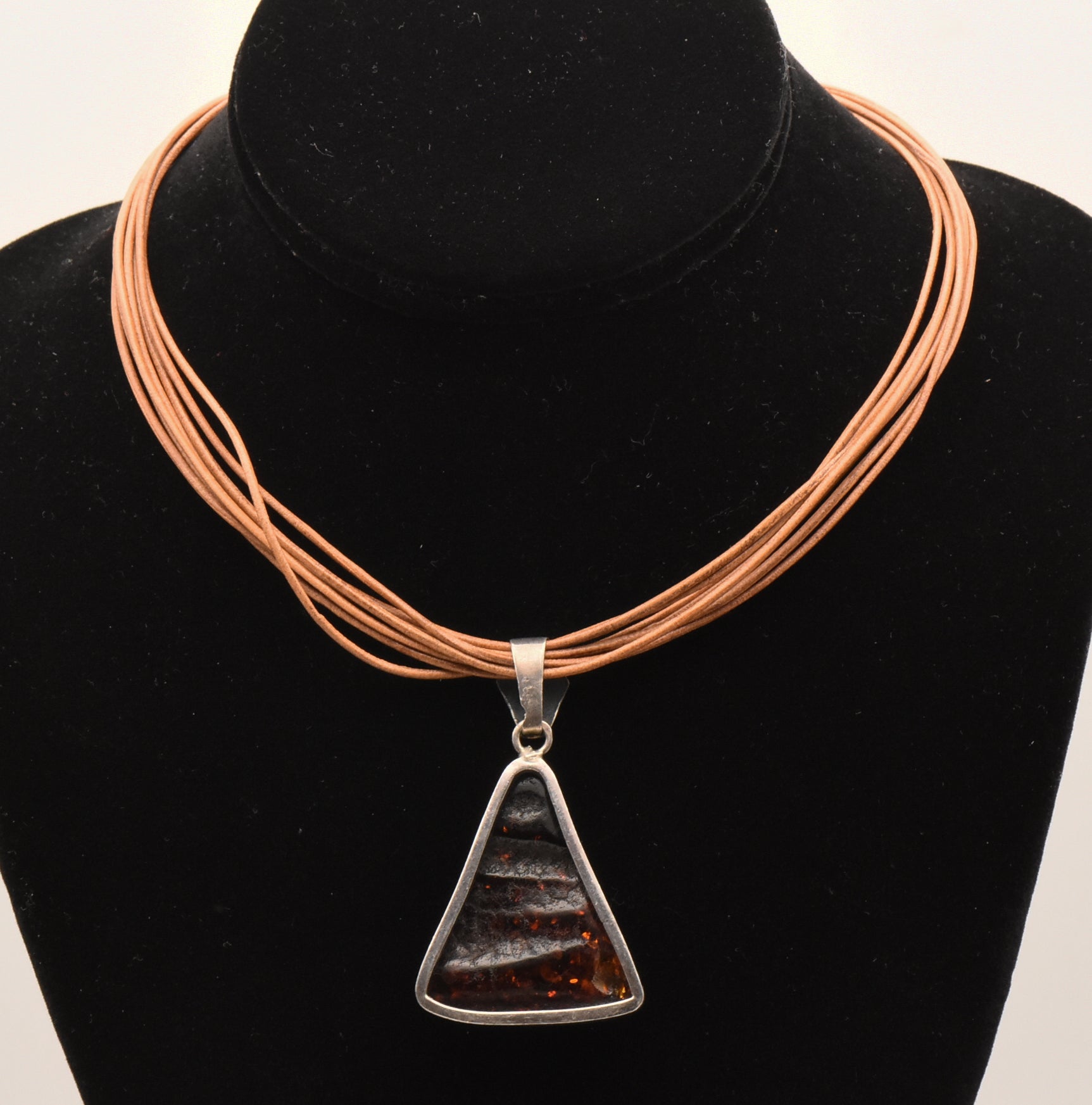 Vintage Triangular Amber Pendant on Multi Cord Necklace - 16"