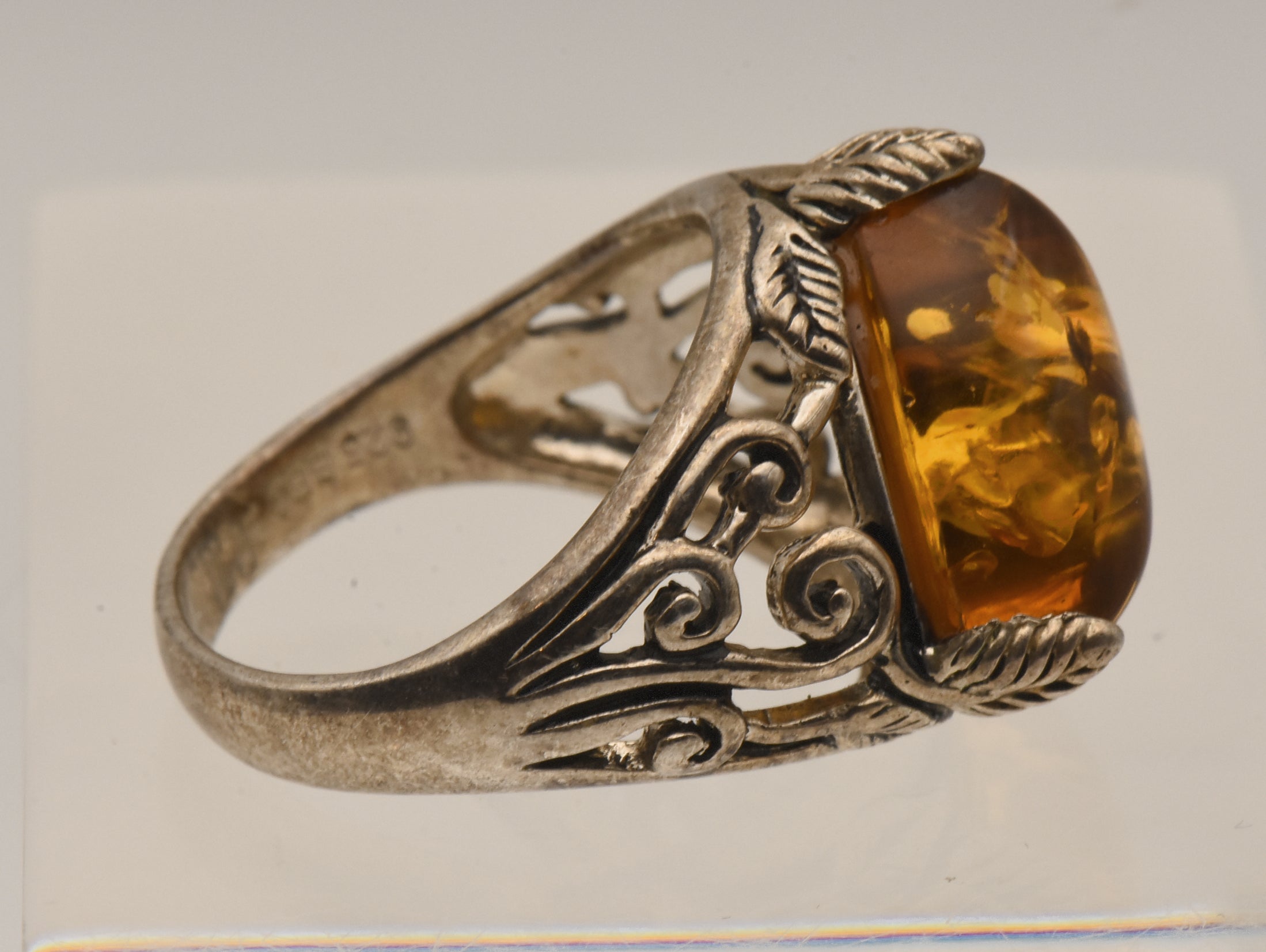 Vintage Sterling Silver Ring with Fossilized Resin Triangle Cabochon - Size 8