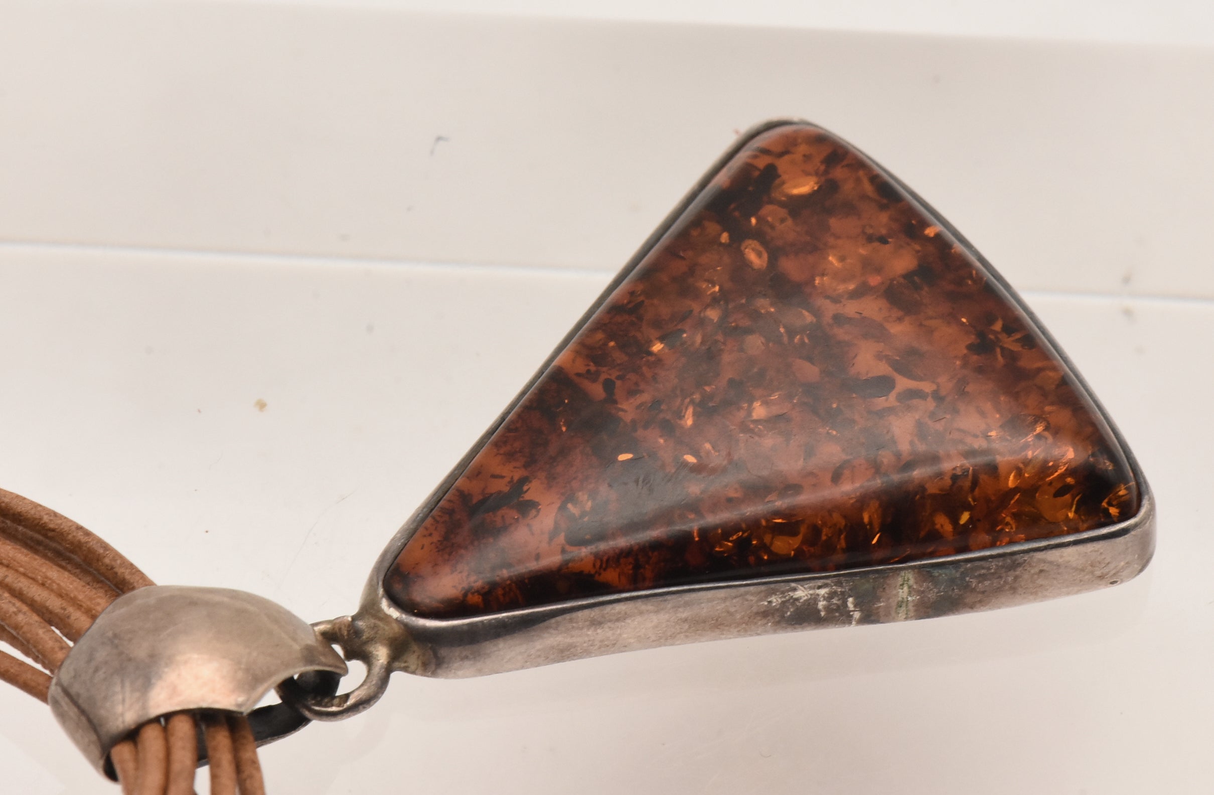 Vintage Triangular Amber Pendant on Multi Cord Necklace - 16"