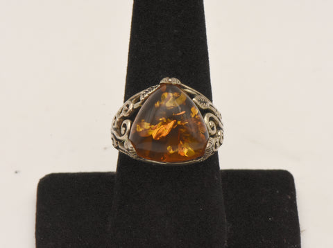 Vintage Sterling Silver Ring with Fossilized Resin Triangle Cabochon - Size 8