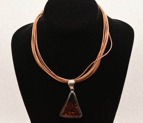 Vintage Triangular Amber Pendant on Multi Cord Necklace - 16"