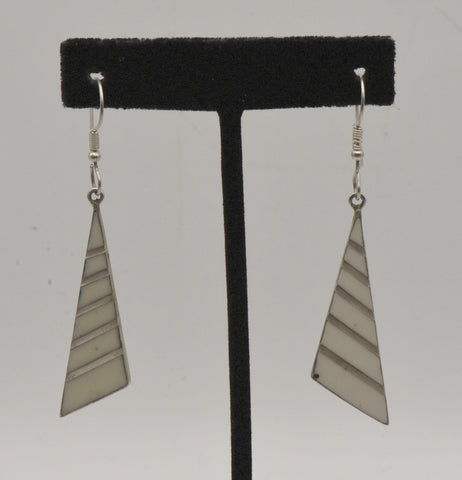 Vintage Silver Tone Metal Enameled Triangle Dangle Earrings