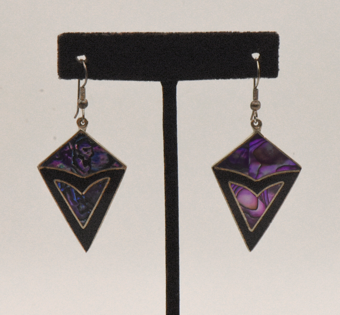 Vintage Alpaca Purple Abalone Shell and Enamel Dangle Earrings