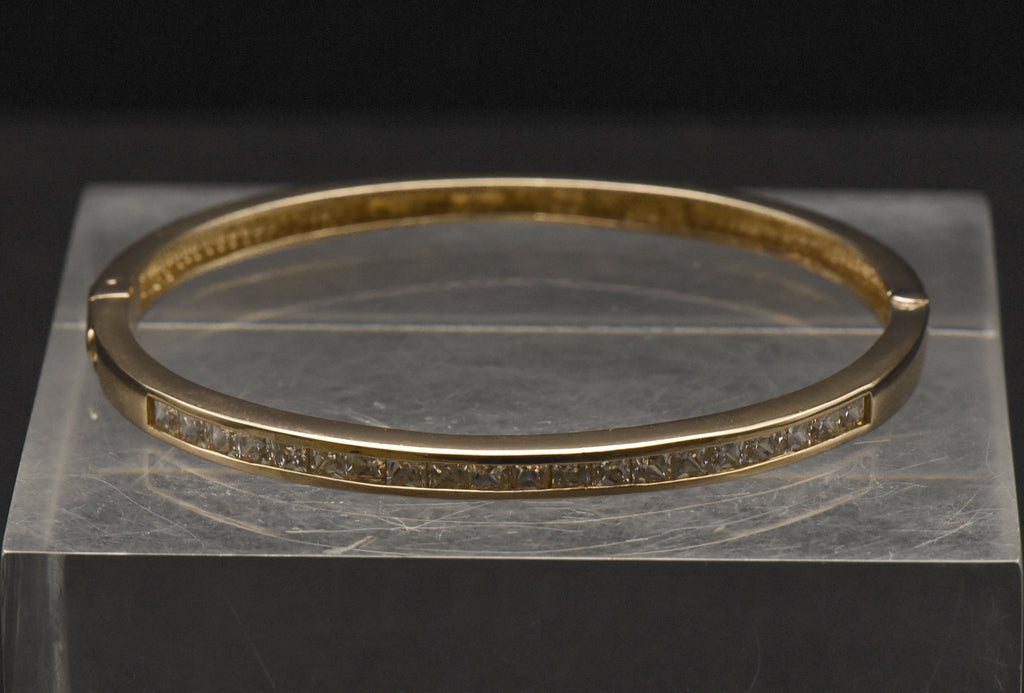 Vintage Gold Tone Sterling Silver Cubic Zirconia Hinged Bangle