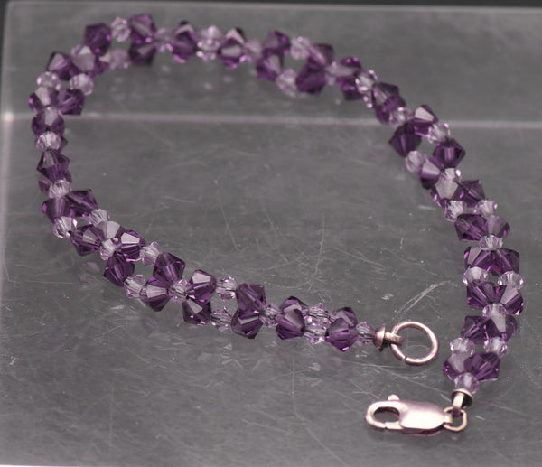Purple Glass Beaded Bracelet with Sterling Silver Clasp - 7"