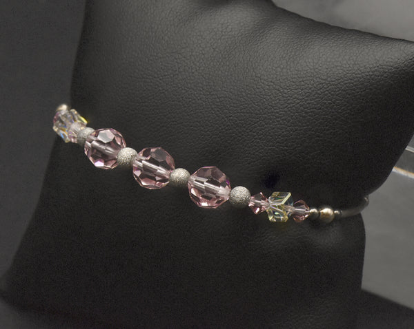 Pink Glass and Silver Beaded Bracelet with Sterling Silver Clasp - 7"