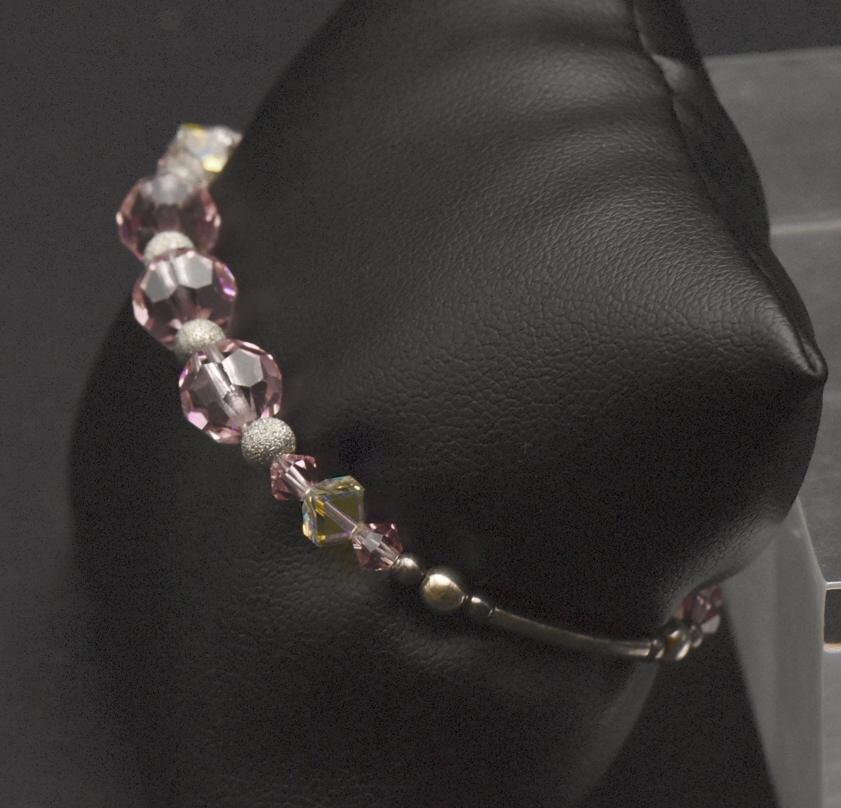 Pink Glass and Silver Beaded Bracelet with Sterling Silver Clasp - 7"