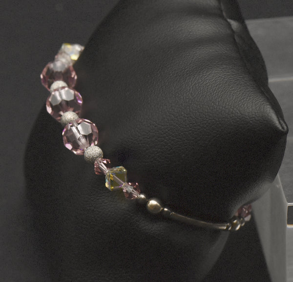 Pink Glass and Silver Beaded Bracelet with Sterling Silver Clasp - 7"