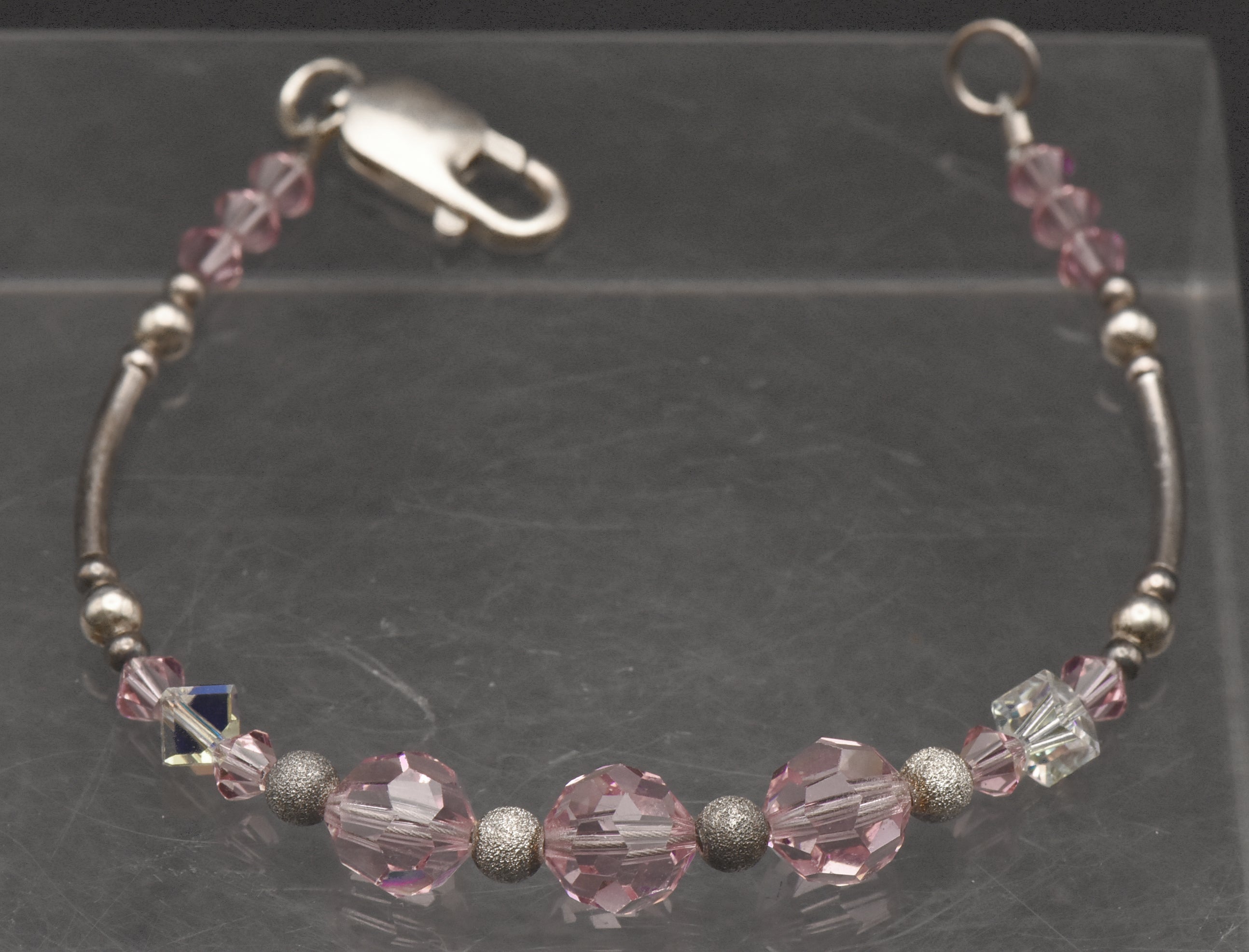 Pink Glass and Silver Beaded Bracelet with Sterling Silver Clasp - 7"