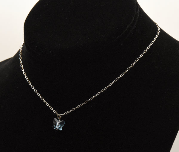 Vintage Blue Crystal Butterfly Pendant Sterling Silver Chain Necklace