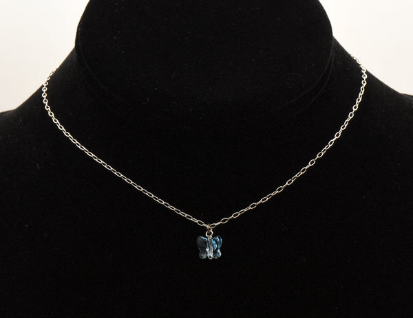 Vintage Blue Crystal Butterfly Pendant Sterling Silver Chain Necklace