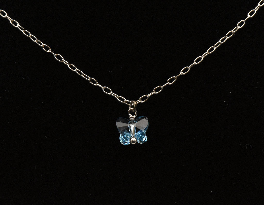 Vintage Blue Crystal Butterfly Pendant Sterling Silver Chain Necklace