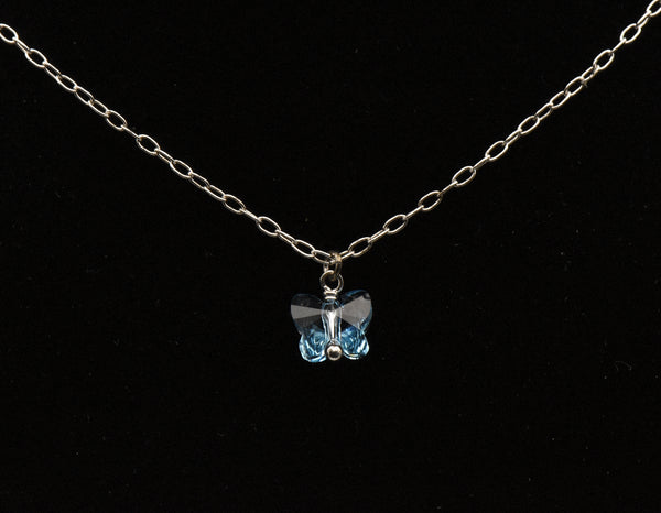 Vintage Blue Crystal Butterfly Pendant Sterling Silver Chain Necklace