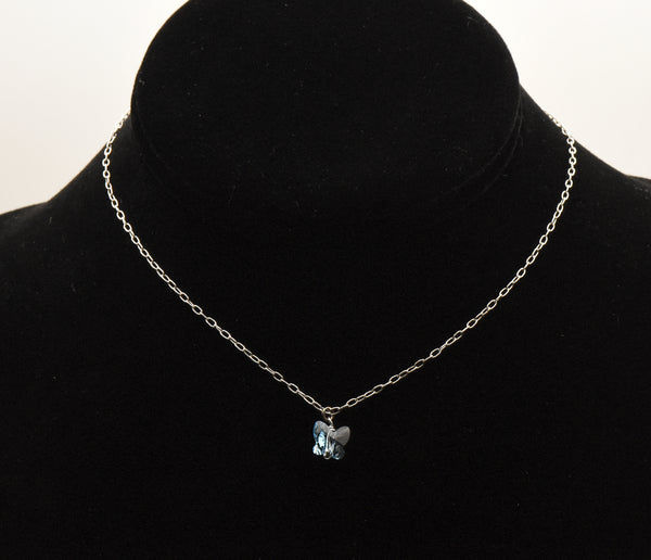 Vintage Blue Crystal Butterfly Pendant Sterling Silver Chain Necklace