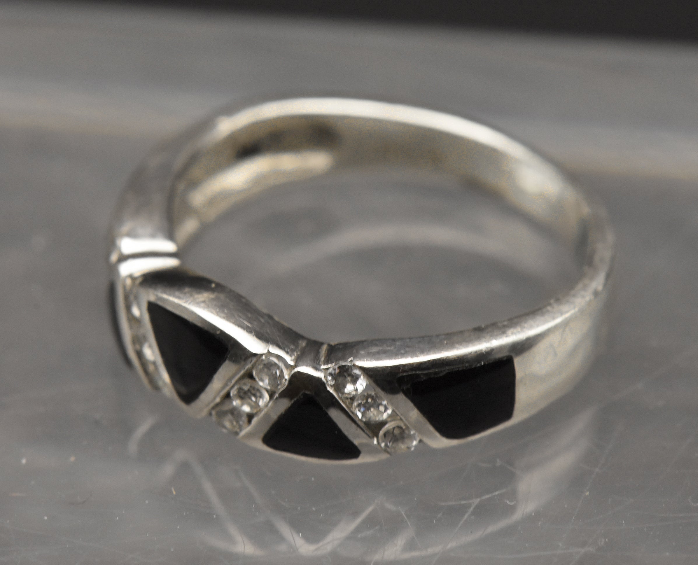 Vintage Sterling Silver Black Onyx and Rhinestone Ring - Size 5.25
