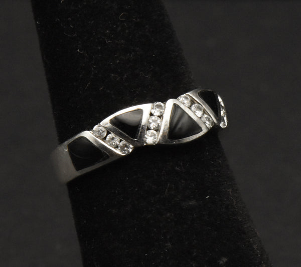 Vintage Sterling Silver Black Onyx and Rhinestone Ring - Size 5.25