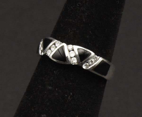 Vintage Sterling Silver Black Onyx and Rhinestone Ring - Size 5.25