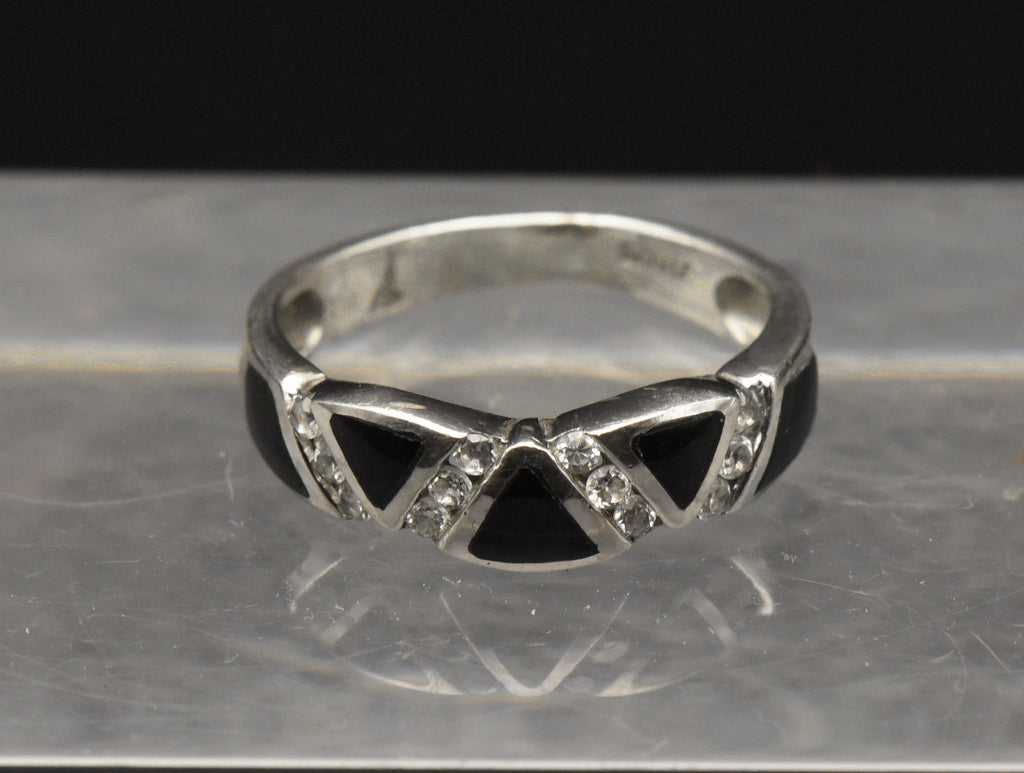 Vintage Sterling Silver Black Onyx and Rhinestone Ring - Size 5.25
