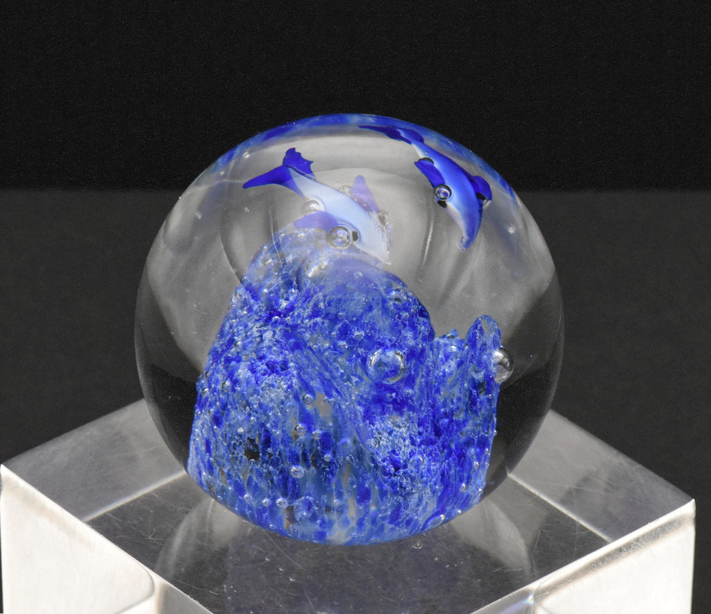 Vintage Blue Dolphins Encased Glass Paperweight