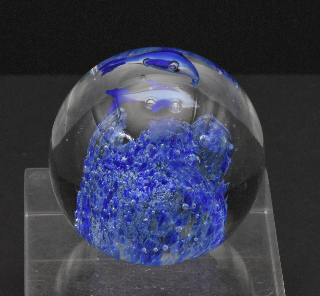 Vintage Blue Dolphins Encased Glass Paperweight