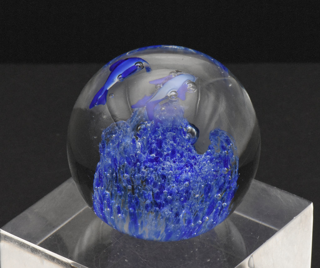 Vintage Blue Dolphins Encased Glass Paperweight