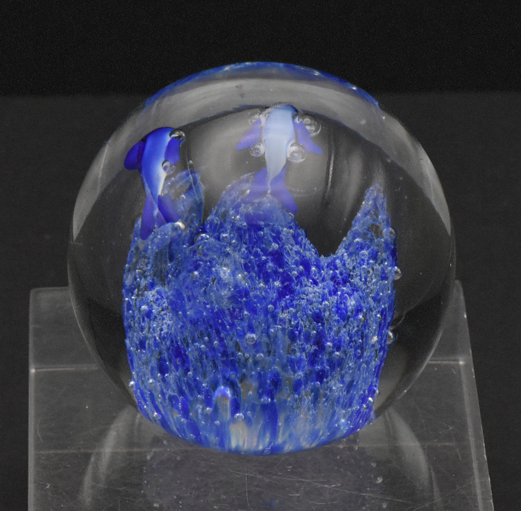 Vintage Blue Dolphins Encased Glass Paperweight