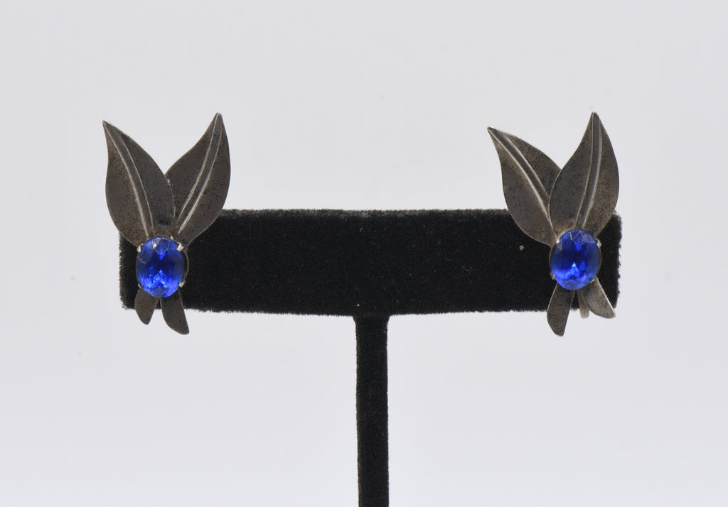Vintage Sterling Silver Imitation Blue Sapphire Screw Back Earrings