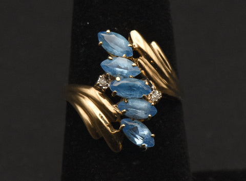 Vintage 14k Gold Blue Topaz and Diamonds Ring - Size 6.75