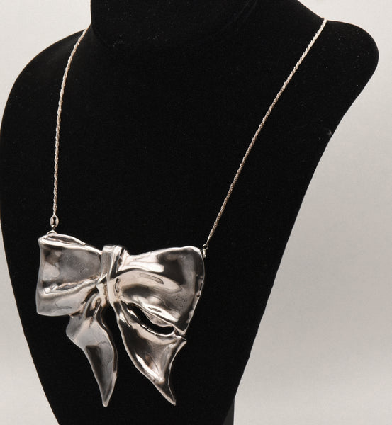 Stunning BIG! Vintage Sterling Silver Bow Pendant/Brooch on Sterling Silver Chain Necklace - 16.5"