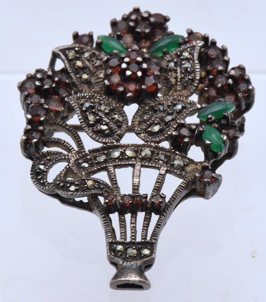 Vintage Sterling Silver Bejeweled Floral Bouquet Brooch/Pendant