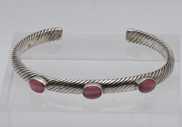Vintage Sterling Silver Pink Cat's Eye Glass Cuff Bracelet