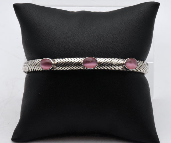Vintage Sterling Silver Pink Cat's Eye Glass Cuff Bracelet