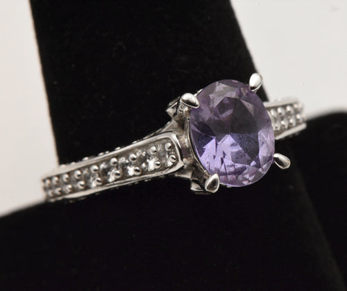 Vintage Sterling Silver Synthetic Color Change Sapphire and Rhinestone Ring - Size 9
