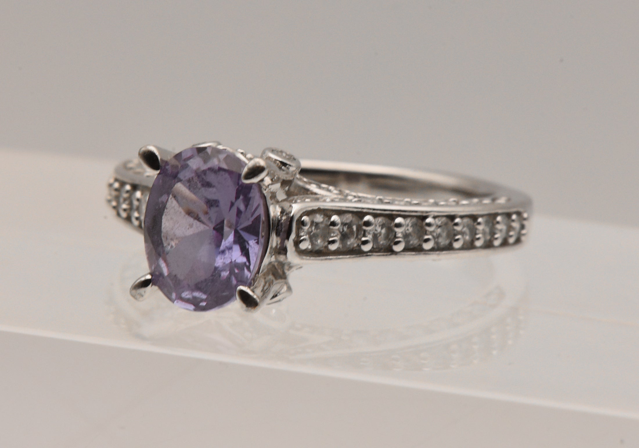 Vintage Sterling Silver Synthetic Color Change Sapphire and Rhinestone Ring - Size 9