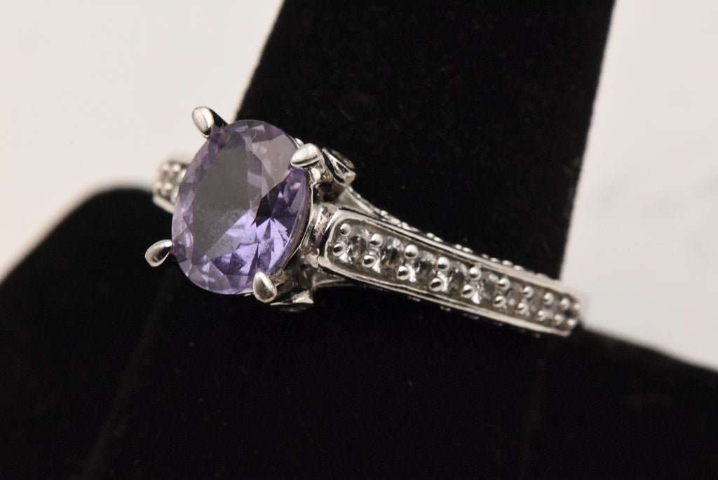 Vintage Sterling Silver Synthetic Color Change Sapphire and Rhinestone Ring - Size 9