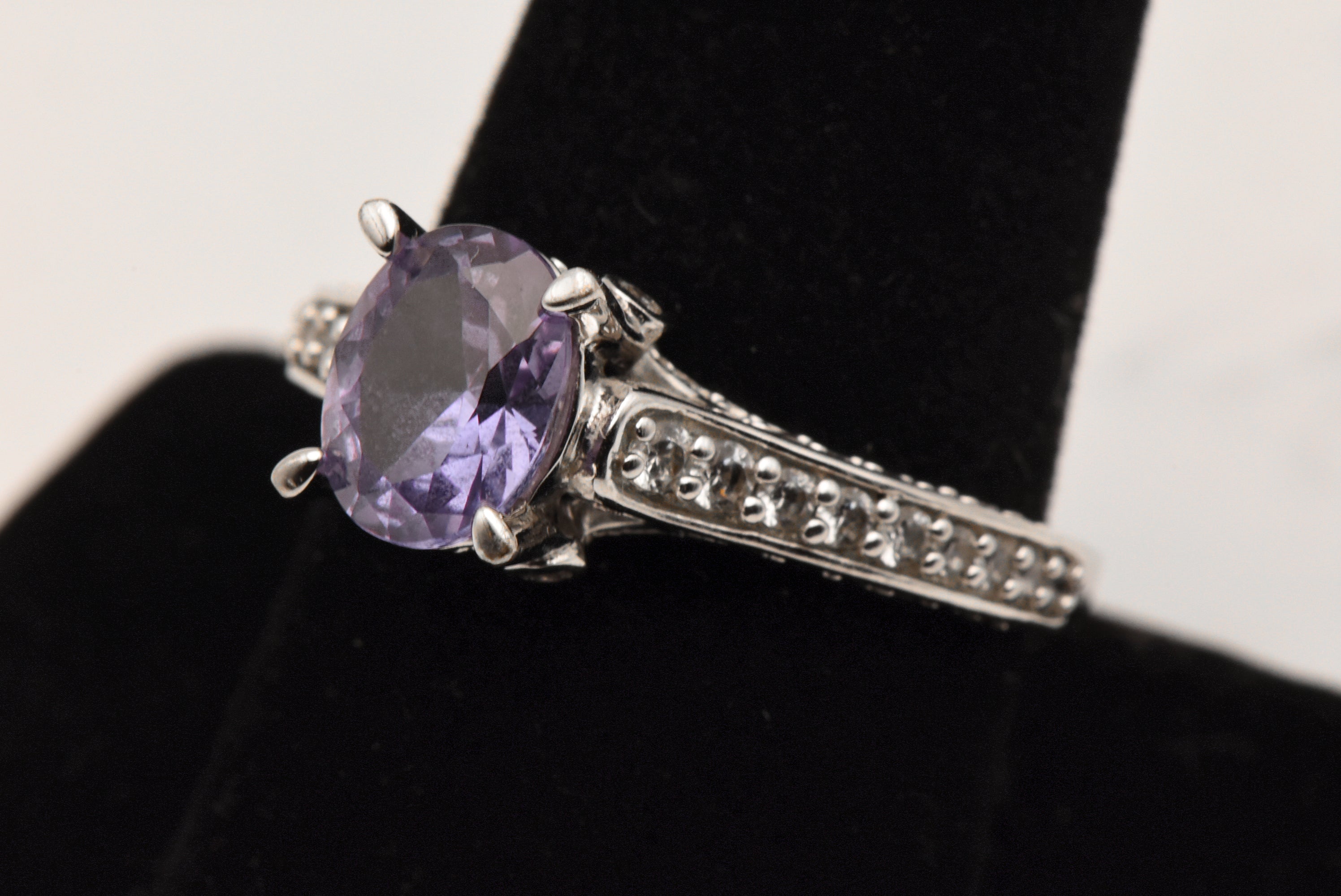 Vintage Sterling Silver Synthetic Color Change Sapphire and Rhinestone Ring - Size 9