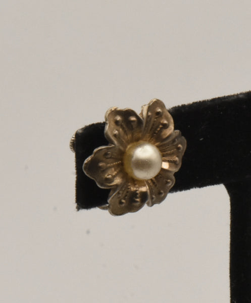 UNMATCHED Vintage Sterling Silver Copper Tone Faux Pearl Flower Screw Back Earring