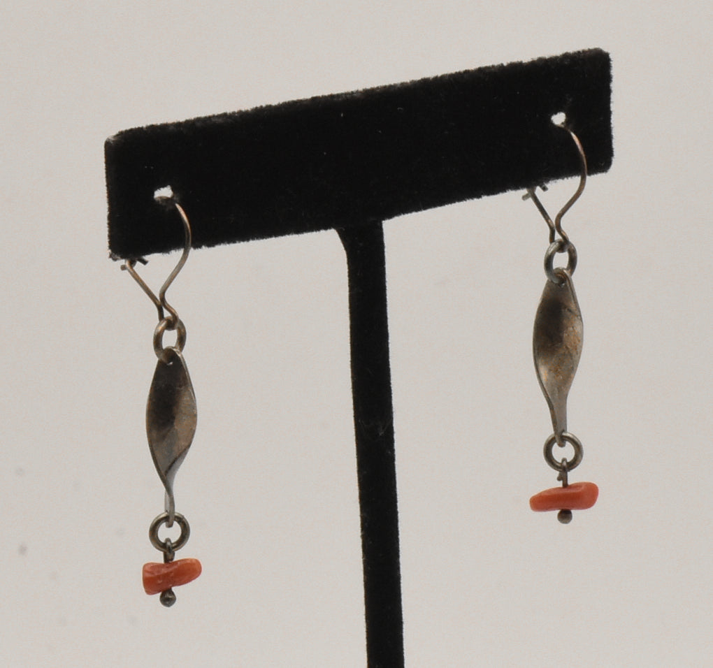 Vintage Silver Helix Red Coral Dangle Earrings