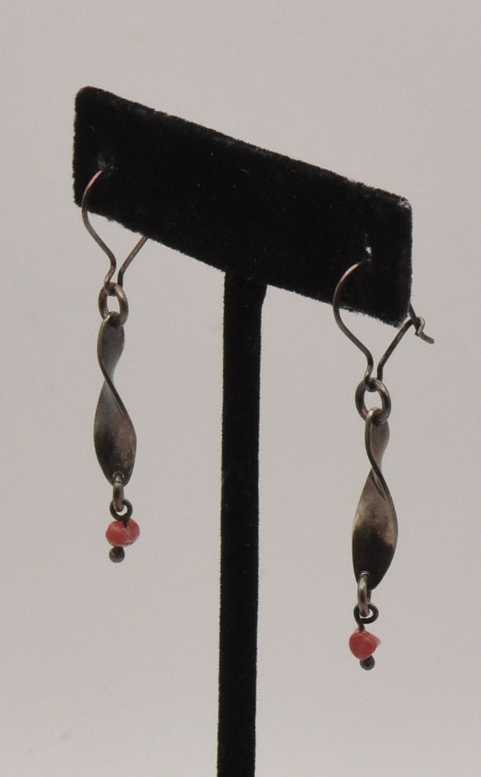 Vintage Silver Helix Red Coral Dangle Earrings