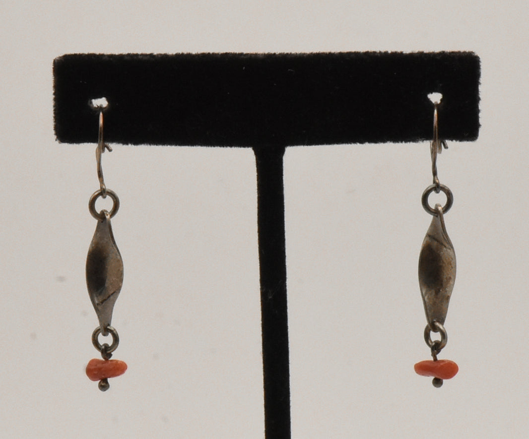 Vintage Silver Helix Red Coral Dangle Earrings