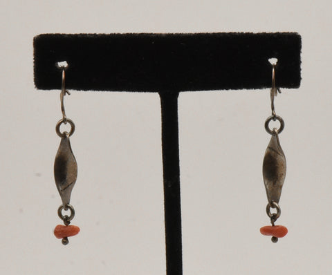 Vintage Silver Helix Red Coral Dangle Earrings