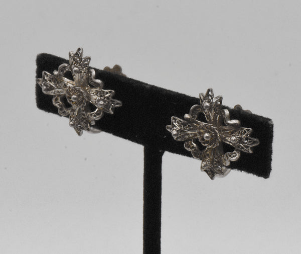 Vintage Sterling Silver Filigree Cross Screw Back Earrings