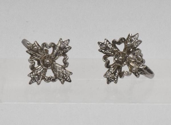 Vintage Sterling Silver Filigree Cross Screw Back Earrings