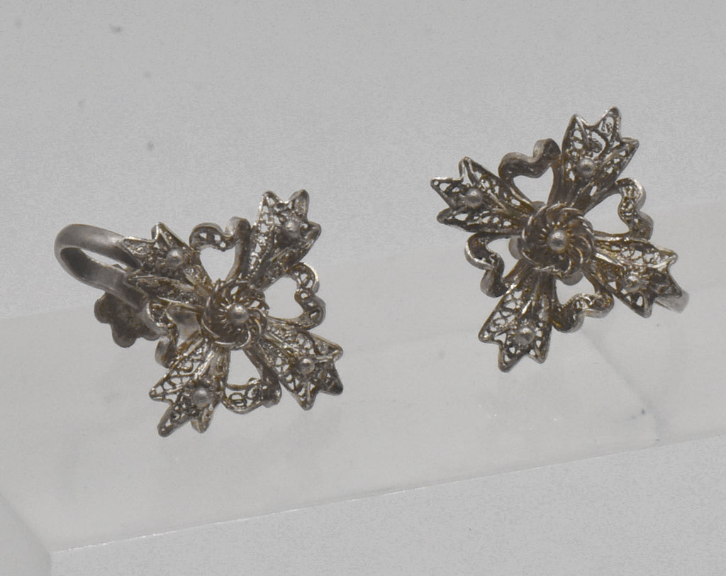 Vintage Sterling Silver Filigree Cross Screw Back Earrings