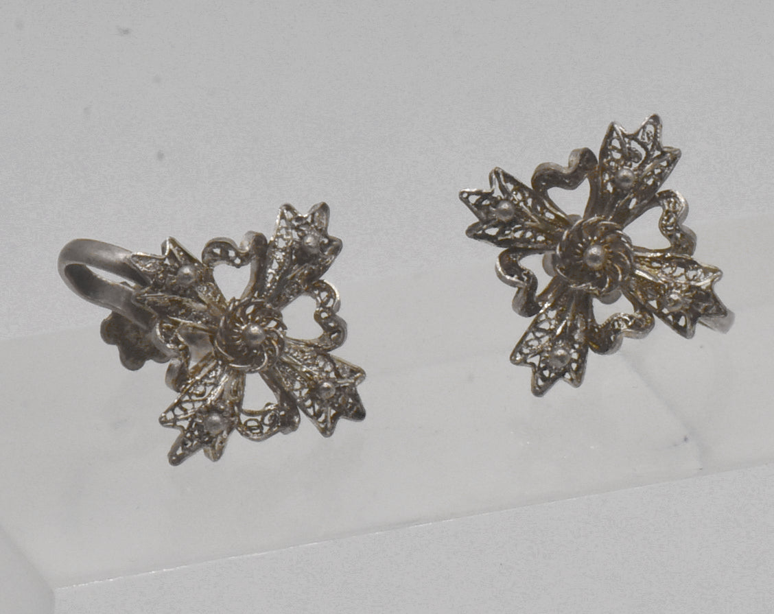 Vintage Sterling Silver Filigree Cross Screw Back Earrings
