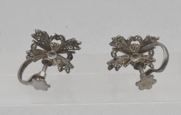 Vintage Sterling Silver Filigree Cross Screw Back Earrings