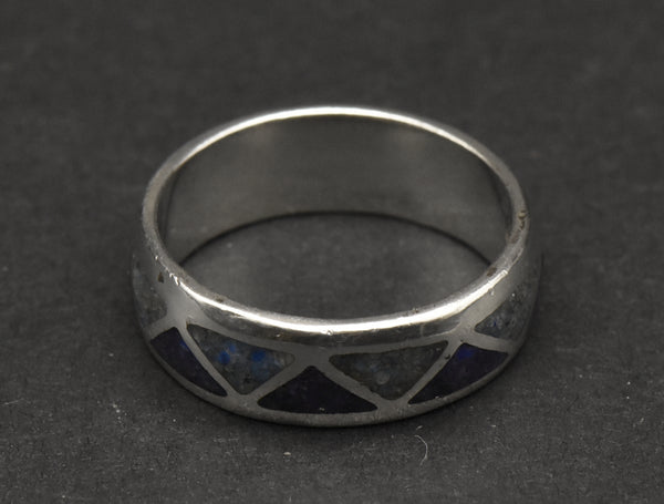 Vintage Sterling Silver Blue Inlaid Crushed Stone Ring - Size 7.75